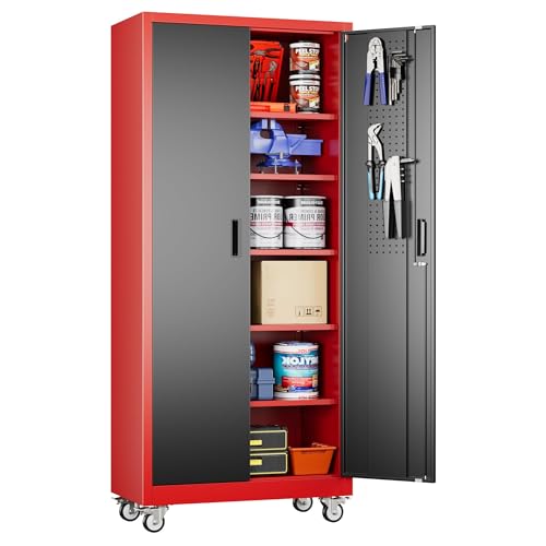Image of Aobabo Metal Garage Storage Cabinets with Wheels,Steel Cabinets with 5 Adjustable Shelves for Garage Home Office Storage, Red-Black,Assembly Required