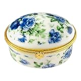 Evenchae Tiny Oval Porcelain Trinket Box | Blue Floral Roses | French Style Gift Box with Velvet Bag