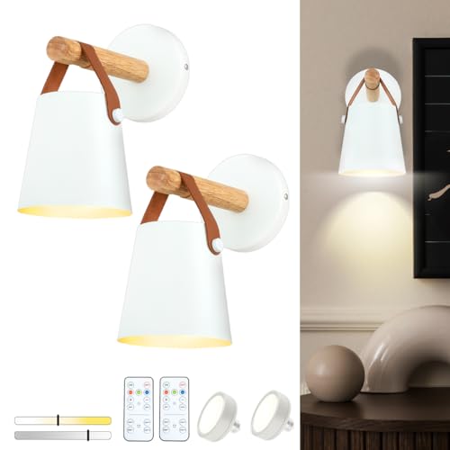 Image of Battery Operated Wall Sconces Set of Two, Dimmable Battery Powered Wall Sconces Lamp, White Cordless Wall sconce with Remote Control, Indoor Wireless Wall Mounted Lamp For Bedroom Living Room