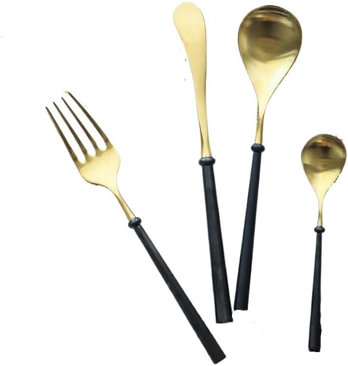 Silverware Flatware Cutlery Set, 4/16/24/32/40/48 Pieces 304 Stainless Steel Main Dinner Knives, Forks, Spoons, Blue And Gold Tea Spoons, Various Matching Hotel Restauran,Black/Gold-32 Pieces for 8