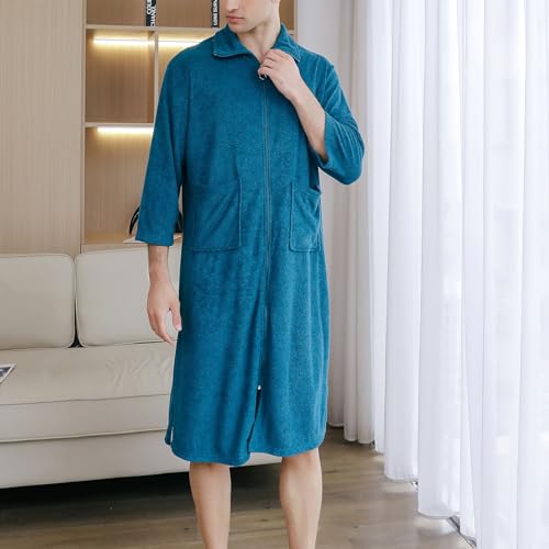 Men's Soft Robe 3/4 Sleeve House Coat Zipper Housecoat with Pocket Comfy Loose Spring Zip Front Terry Cloth2