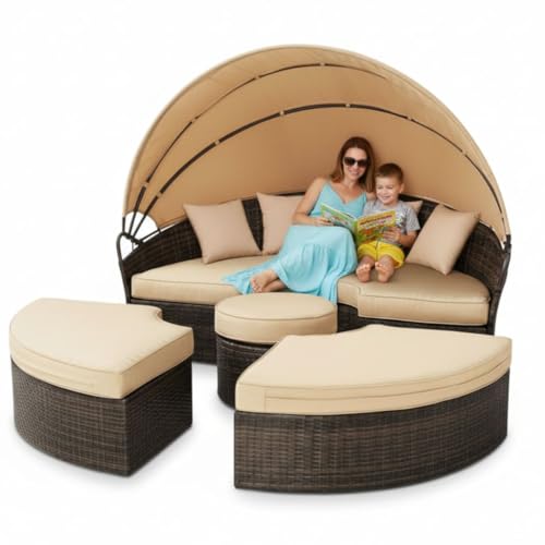 Melko Chaise longue de jardin en rotin synthétique avec toit