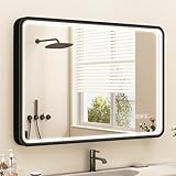 STARLEAD LED-Bathroom-Mirror-with-Lights, 24'x32' Wall-Mounted with Bluetooth Speaker, Anti-Fog, 3 Colors Dimmable Light, Waterproof, Black Framed