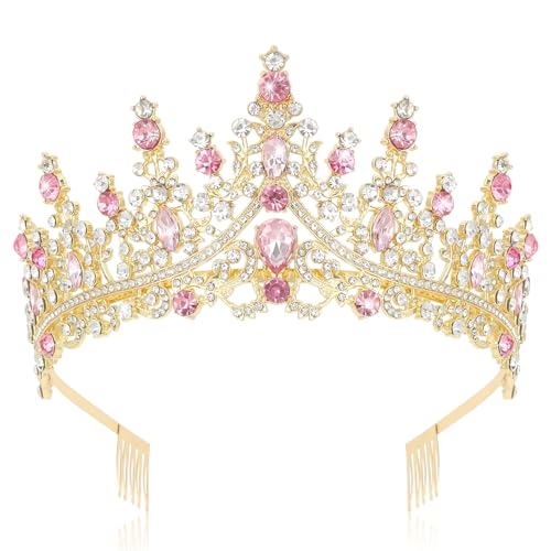 CURASA Gold Princess Crown Pink Tiara for Women Queen Crowns Birthday Crown Adult Women Fairy Crowns Quinceanera Tiara Headpiece Wedding Tiaras for Bride