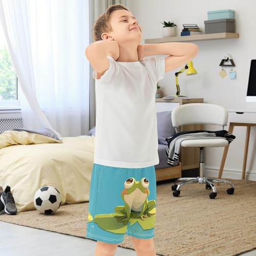 Boys Casual Shorts, Athletic Gym Shorts Elastic Waist with Pockets Green Cartoon Frog Summer Sports Homewear 7-15Y3