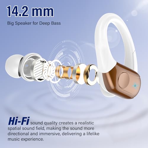 Image of Qecnato Wireless Earbuds Bluetooth Stereo Deep Bass Sports Ear Buds with Earhooks, LED Display Bluetooth Ear Buds with 4 ENC Mic, IP7 Waterproof Earphone, Dark Brown