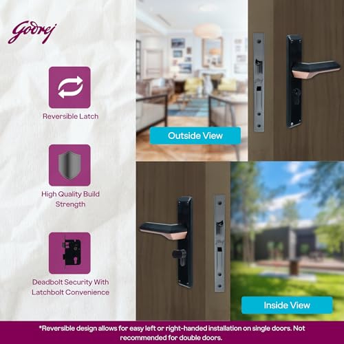 Image of Godrej Mortise Lock | 200mm Plate | 8 inch Handle | NEH 23 | Double Throw Deadbolt | 3 Keys | Reversible Left /Right Handed | Door Lock for Home, Main Door | Matte Black Rose Finish | 1 Year Warranty