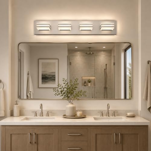 Image of 4-Light Brushed Nickel Bathroom Vanity Light, 27 Inch 32W 5CCT Dimmable LED Wall Fixture, Hardwired Over Mirror Lighting with Clear Acrylic Shade for Bathroom Remodel