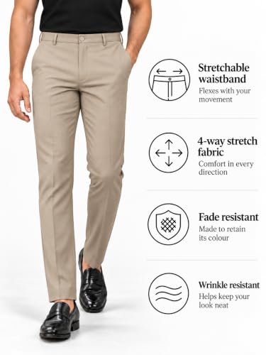Image of SUBTRACT Men 4 Way Stretch Wrinkle Free Slim Fit Formal Trouser in with 2 Inch Flexible Waistband | Men's Trousers for Office Or Party