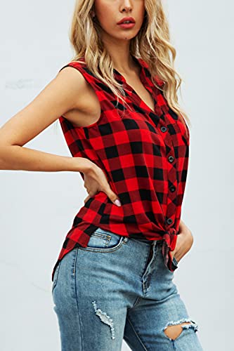 Women's Sleeveless Button Down V Neck Casual Plaid Shirts Tank Tops Blouse3
