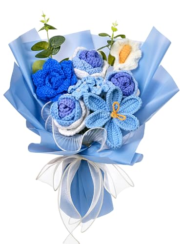 Wishwell Pop Gestrickter Blumenstrauß – Gestrickte Rose, Tulpe, Calla-Lilie für Muttertag, Vatertag, Geburtstag, Abschlussfeier, Geschenk für Mama, Papa, Freunde, Blau