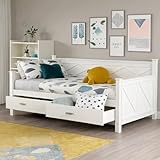 UOCFYK Farmhouse Twin Daybed with Storage Drawers, Pine Wooden Bedframe, No Box Spring Needed, for Home Living Room or Guest Room, No Spring Box Needed, Space-Saving Design (White)