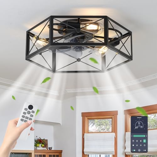 LMiSQ Ventilatore da Soffitto con Luce Esagonale Ferro 20’’ Industriale Lampadario Ventilatore Silenzioso 6 Velocità Reversibile E27 Base Timer 1/4/8h Ventilatore Plafoniera Soggiorno (Non lampadine)