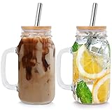Fenspeed 2pcs Mason Jars with Lids and Straws Mason Jar with Handle Mason Jar Mugs Glass Cups Drinki