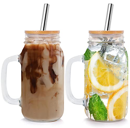 Fenspeed 2Pcs Mason Jars With Lids And Straws Mason Jar With Handle Mason Jar Mugs Glass Cups Drinking Glasses Set 24Oz Iced Coffee Glasses Tumbler Cup For Boba Smoothie Juice #TOP5