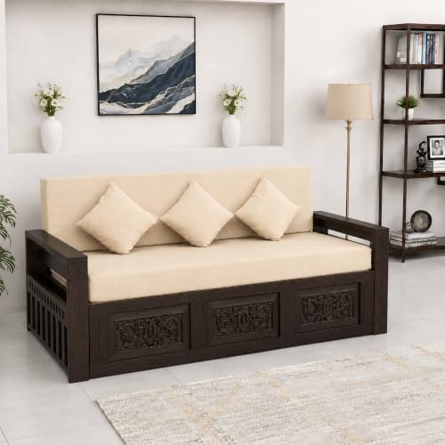 Image of SONA ART & CRAFTS Maharaja Sheesham Wood 3 Seater Sofa Cum Bed | Wooden 3 Seater Sofa for Living Room Wooden Furniture Sofa Bed for Home (Walnut Finish)