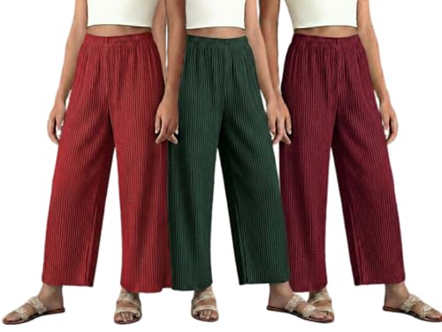 Image of Set of Combo Trouser and Pants for Girls and Women's Relaxed Fit Stretchable Regular Fit Palazzos Lightweight Elastic Waistband Bottoms for Daliy Office & Casual Wear