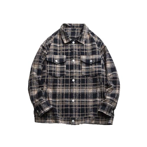 Akklian Plaid Jacket Vintage Oversized Streetwear Colorblock Casual Coats Laper Collar Thick Flannel Cardigan Shirt Unisex