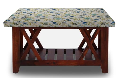 Image of The Furnishing Tree Elastic Cotton Rectangular Center Table Cover 24x36 in Inches Floral Blue Leaf on offwhite Base