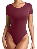 REORIA Women's Red Short Sleeve Body Suits Fashion T-shirt Tops Round Neck Bodysuits for women Small