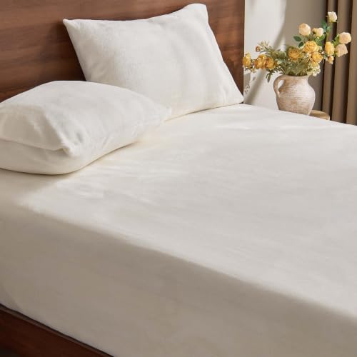 Image of BEDELITE Flannel Full Fitted Sheet & Pillowcases Set, White, 3 Pieces | Ultra Soft Plush Fleece Bed Sheet with Elastic Corner Straps, 16 Inch Deep Pocket, Fuzzy All-Season Gift & Room Decor