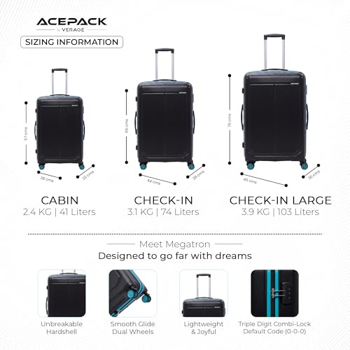 Image of ACEPACK Megatron Set of 2 (S+M) Cabin & Medium Size Hard-Sided Polypropylene Luggage - Lightweight Suitcases with Anti-Theft Zipper & Number Lock (Black + Teal)