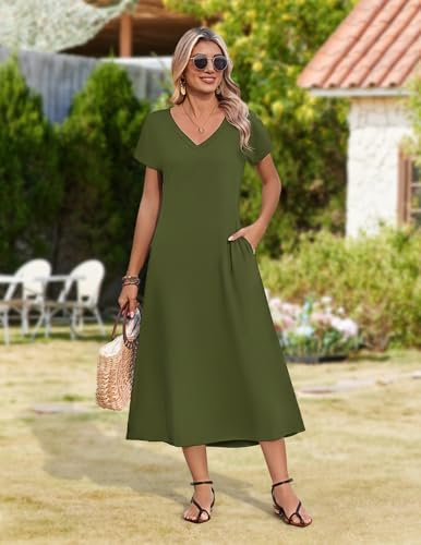 Image of Zeagoo Women Summer Floral Dress Short Sleeve Beach Dress with Pockets Casual V-Neck Split Long T-Shirt Dress Travel Vacation
