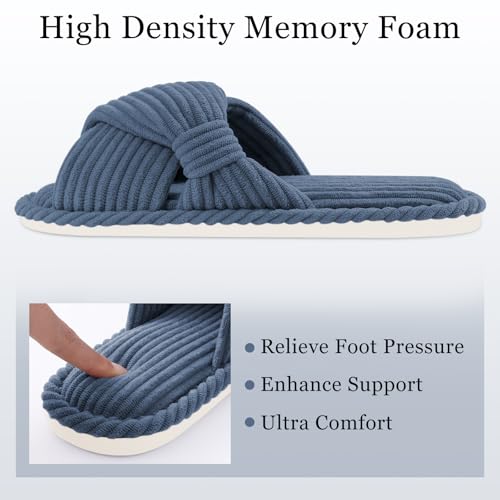 Image of Evshine Summer House Slippers for Women Corduroy Cross Bow Indoor Slippers Open Toe Slip On Bedroom Shoes with Memory Foam