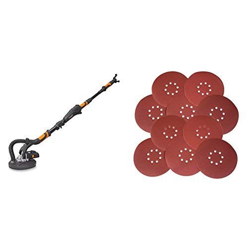 WEN 6369 Variable Speed 5 Amp Drywall Sander with 15' Hose & 6369SP80 Drywall Sander 80-Grit Hook and Loop 9" Sandpaper (10 Pack)