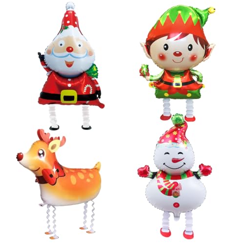 4 Piezas Globos de Papel de Navidad, Globos de Decoración Navideña XXL, Globos de Aluminio para Caminar Navideños, Papá Noel, Reno, Muñeco de Nieve, Duende Globo para Decoración de Fiesta de Navidad