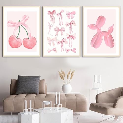Xiyocadt Set of 3 Pink Poster Set, Poster Aesthetic, Pink Canvas Pictures with Cherries, Bows, and Balloons, Bilder Wohnzimmer, Suitable for Room and Living Room, Without Frame (30 x 40 cm)