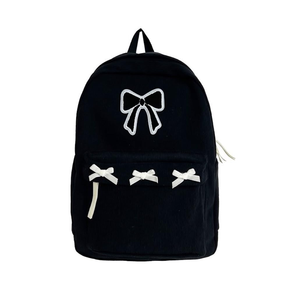 JHTPSLR Coquette Corduroy Backpack Patches Bowknot Balletcore Backpack Cute Aesthetic Backpack Laptop Backpack Daypack (Black)
