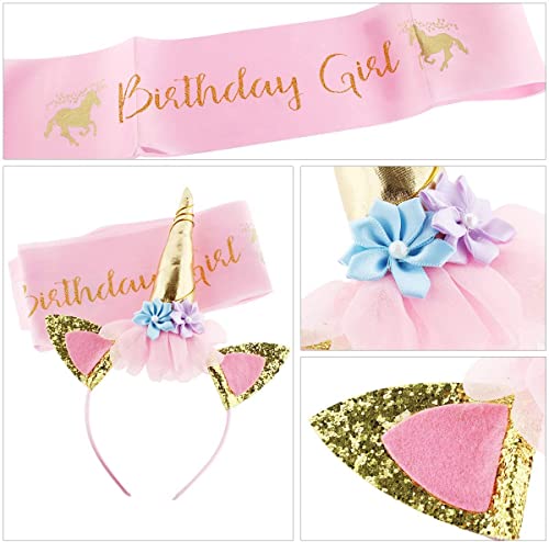 Alomois Unicorn Birthday Set of Gold Glitter Unicorn Headband Pink Satin Sash for Happy Birthday Unicorn Decorations