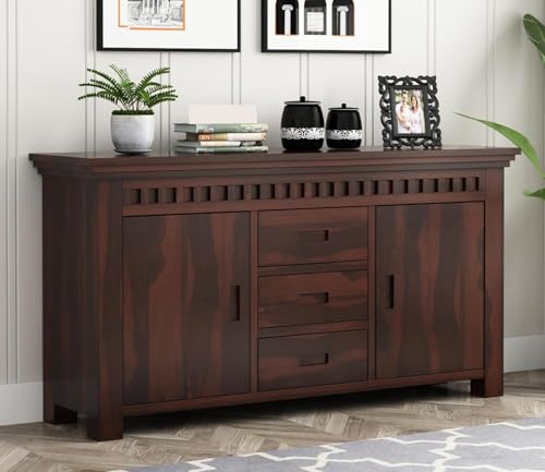 Image of Solid Sheesham Wood Walnut Finish Furniture Sideboard Crockery Cabinet for Living Dining Room Console with 3 Drawer & 2 Door Storage Buffet Home Office Accent Table Kitchen Display Unit
