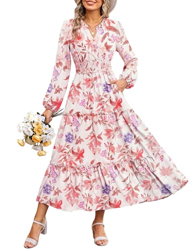 Image of GRACE KARIN Women's Floral Maxi Dress 2026 Fall Long Sleeve V Neck Empire Waist A Line Flowy Dress with Pocket