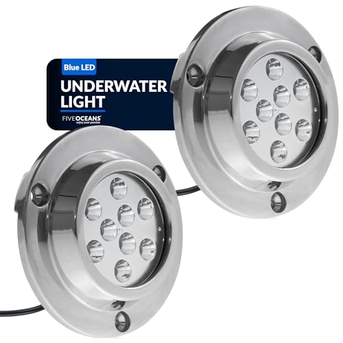 Five Oceans 2-Pack Underwater Boat Lights - Underwater Lights for Boat, Blue LED High-Power 3000 LM,Marine-Grade Boat Underwater Lights 316 Stainless Steel Body, 12-30V DC, Waterproof IP68 - FO4005-M2