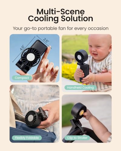 Image of GROWNSY 4-in-1 Portable Baby Stroller Fan with Clip & Night Light, Black