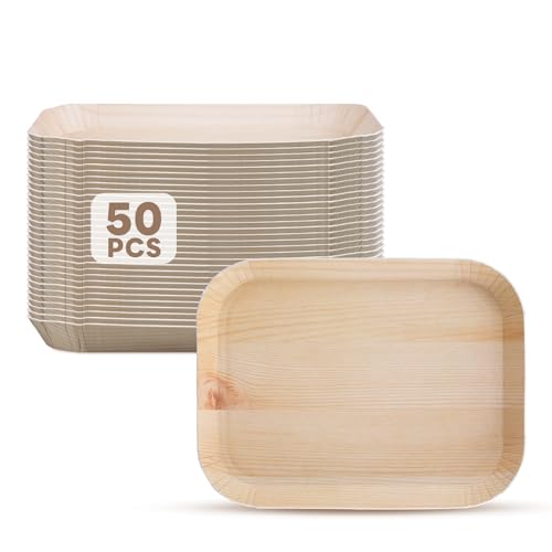 DTFMZOV 50 Pcs Wood Grain Paper Plates 6.5 x 5 Inch Rustic Rectangle Plates Disposable Rectangular Paper Plates for Woodland Baby Shower Camp Party Birthday Party Supplies