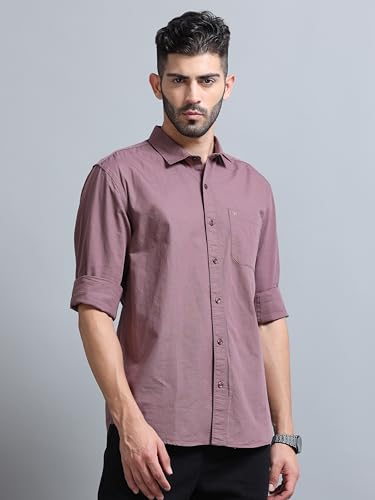 Image of Men Slim Fit Solid Spread Collar Casual Shirt