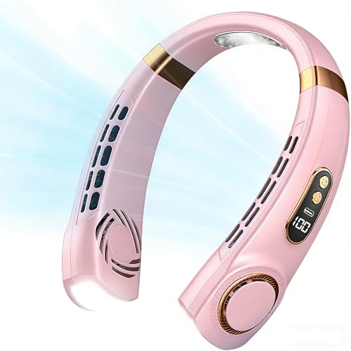 Naxifly Portable Neck Fan Portable Neck Fan with Borneol Cooling Airflow 5 Gears Adjustable 360Global Cooling Air Outlet with Lighting with LED Display and USB Rechargeable (Pink)