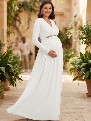Image of KOH KOH Womens Maternity Long Sleeve V-Neck Flowy Winter Maxi Dress Gown