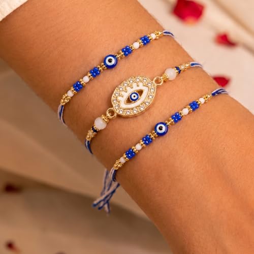 Image of Peora Evil Eye & Crystals Studded Rakhi for Brother Bhaiya | Red Thread | Raksha Bandhan Hamper with Roli Chawal Greeting Card