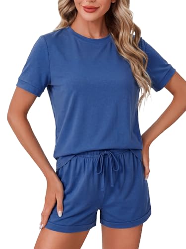 Image of LYANER Pajama Set for Women 2 Piece Lounge Set Striped Crew neck Short Sleeve Tops and Shorts Soft Sleepwear