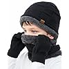KMOLY Gorro de invierno para niños, bufanda y pantalla táctil, juego de guantes para niños y niñas de 4 a 15 años, gorro de calavera, gorro de punto con forro polar