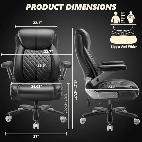 600LBS Large Heavy Duty Office Chair with 5D Flip Arms,Comfy Big and Tall Executive Office Desk Chair with Pocket Spring Cushion,High Back Computer Chair with Lumbar Support,Dual Rubber Wheel - Image 4