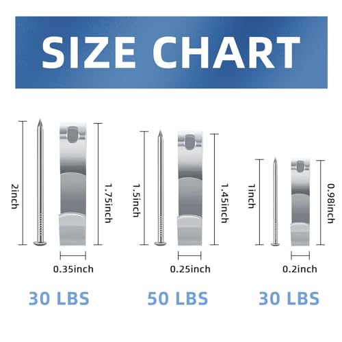 Image of 30 LBS Silver Picture Hangers, Metal Picture Hooks with Nails, Heavy Duty Hardware Hanger Kit for Hanging Pictures, Frame, Mirror, 30 PCS
