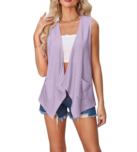 Image of jinghuiyue Women's Lightweight Cardigan Summer Hollow Out Sleeveless Cardigan High Low Hem Draped Open Front Vest with Pocket