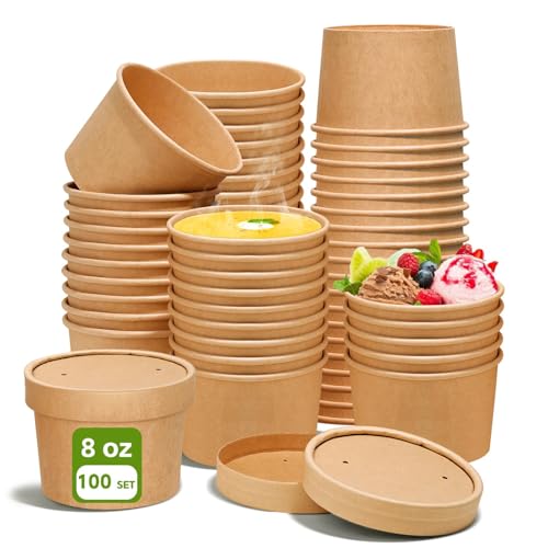 DI QIU REN 8oz Paper Soup Container Cup with Vented Lids, Disposable Paper Food Container Kraft Dessert Bowl Soup Bowls, Microwavable and Freezer Safe for Hot Soup, Ice Cream (100 Pcs - Kraft, 8 oz)