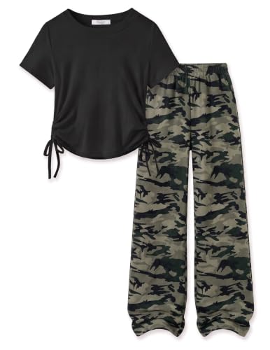 Image of Arshiner Girls 2 Piece Outfit Ruched Drawstring Tops and Wide Leg Pants Set