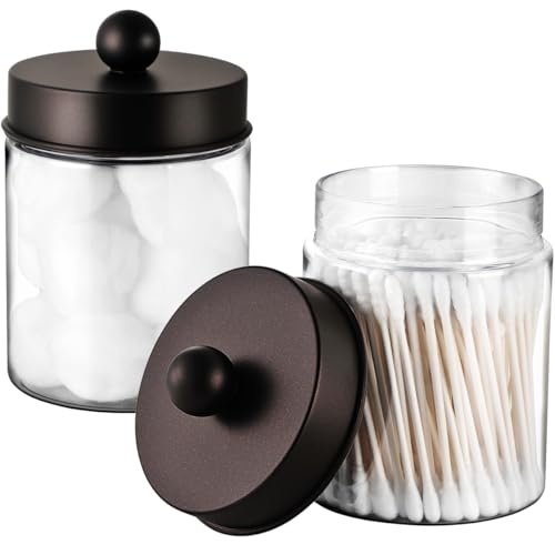 Amolliar Acrylic Apothecary Jar Bathroom Qtip Holder Bronze 2 Pack | for Bathroom Storage Vanity , Countertop, Farmhouse Style, Holds Cotton Swabs, Dental Floss, Makeup Sponges,Home Decor